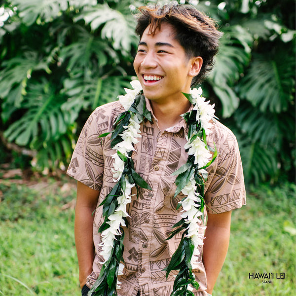 Double Ti Leaf Maile Wrapped With Orchid Lei (White) - Hawai'i Lei Stand - Lei Shipping