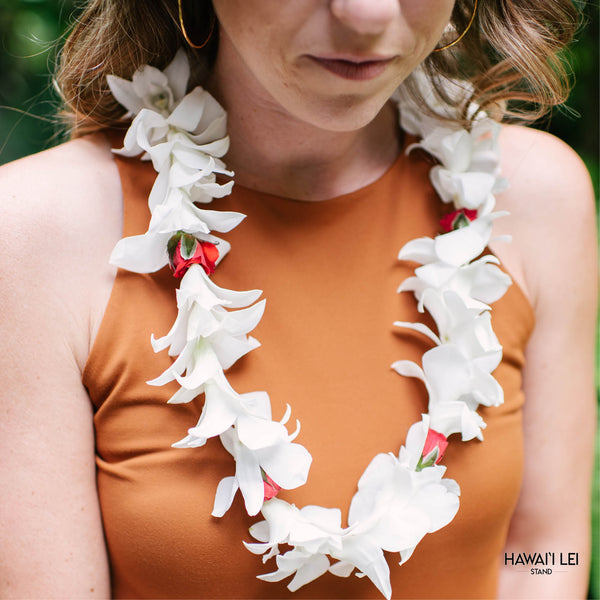 Deluxe White Orchid Lei With Roses (Rose Color Varies) - Hawai'i Lei Stand - Lei Shipping