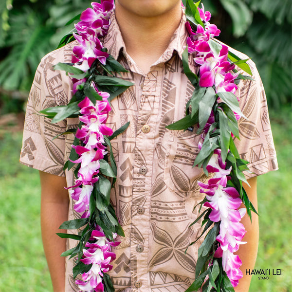 Double Ti Leaf Maile Wrapped With Orchid Lei (Purple) - Hawai'i Lei Stand - Lei Shipping