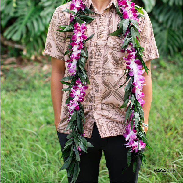 Double Ti Leaf Maile Wrapped With Orchid Lei (Purple) - Hawai'i Lei Stand - Lei Shipping