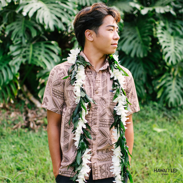 Double Ti Leaf Maile Wrapped With Orchid Lei (White) - Hawai'i Lei Stand - Lei Shipping