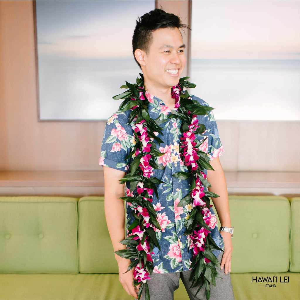 Double Ti Leaf Lei Maile Style Wrapped With Purple Orchid - Lei Shipping & Delivery From Hawaii Lei Stand