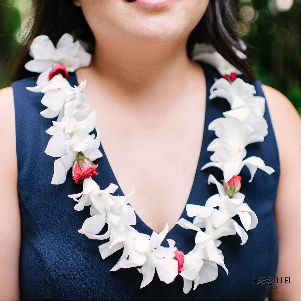 Deluxe White Orchid Lei With Roses (Rose Color Varies) - Hawai'i Lei Stand - Lei Shipping