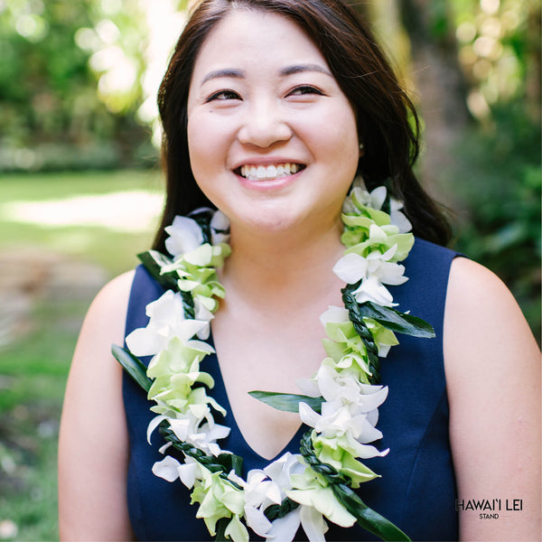 Orchid Wrapped With Ti Leaf Lei (White & Green) - Hawai'i Lei Stand - Lei Shipping