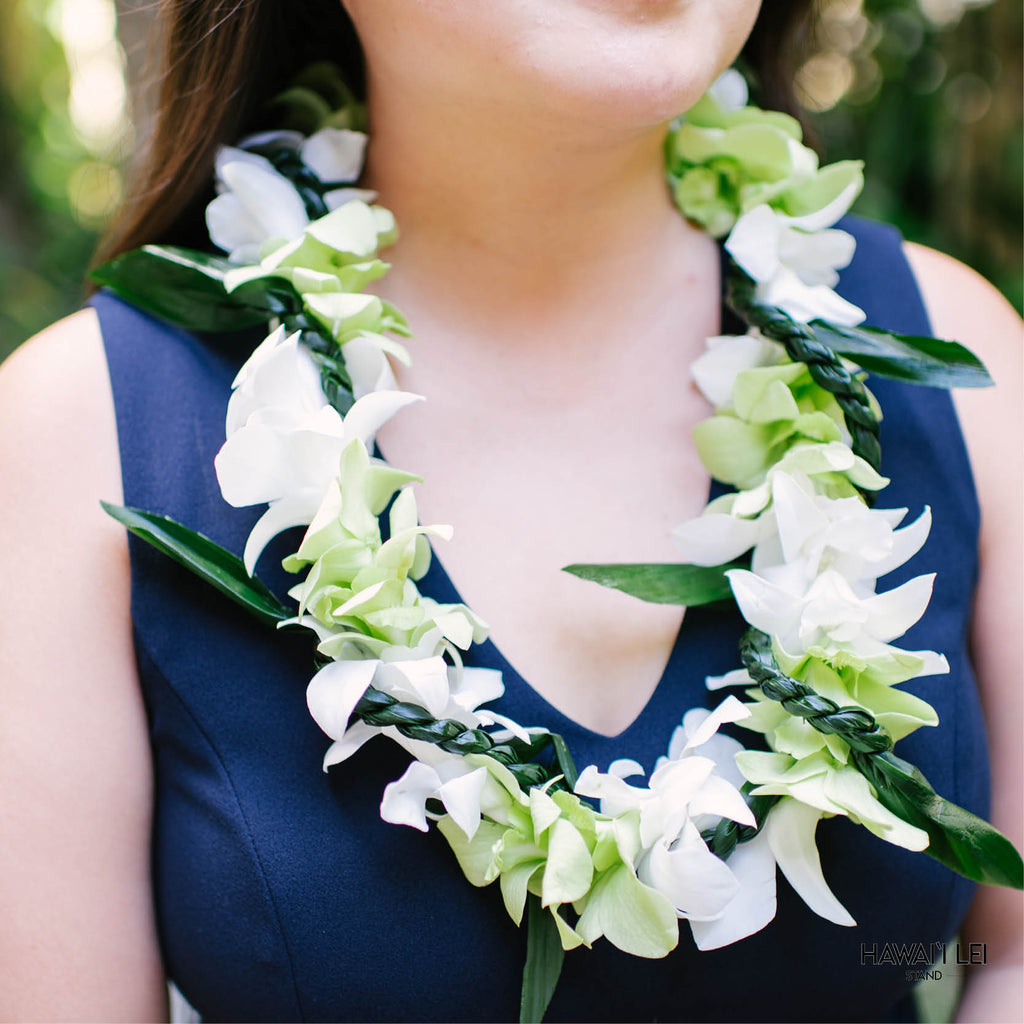 Orchid Wrapped With Ti Leaf Lei (White & Green) - Hawai'i Lei Stand - Lei Shipping