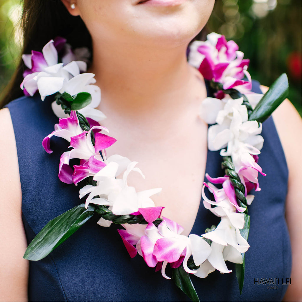 Orchid Wrapped With Ti Leaf Lei (Purple And White) - Hawai'i Lei Stand - Lei Shipping