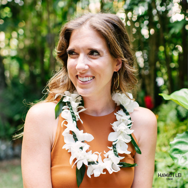 Orchid Wrapped With Ti Leaf Lei (White) - Hawai'i Lei Stand - Lei Shipping