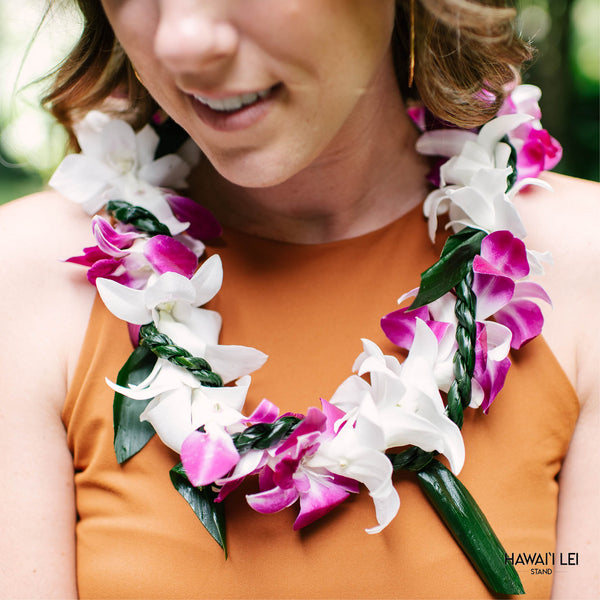 Orchid Wrapped With Ti Leaf Lei (Purple And White) - Hawai'i Lei Stand - Lei Shipping