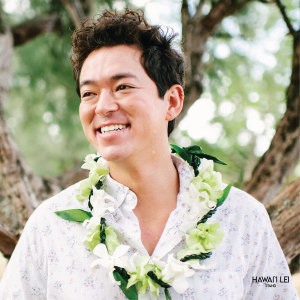 Orchid Wrapped With Ti Leaf Lei (White & Green) - Hawai'i Lei Stand - Lei Shipping